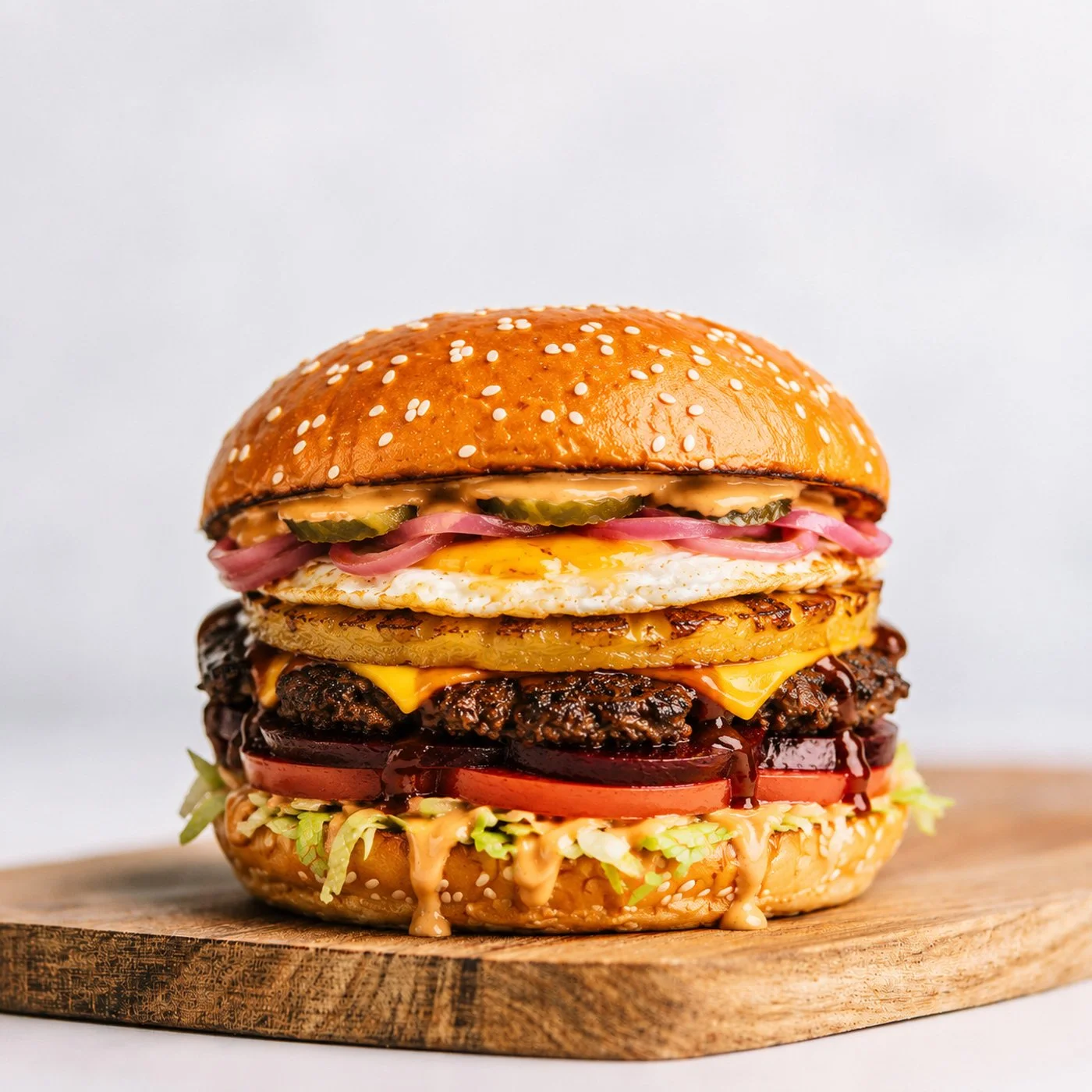 The Grand burger loaded with grilled pineapple, fried egg and beetroot